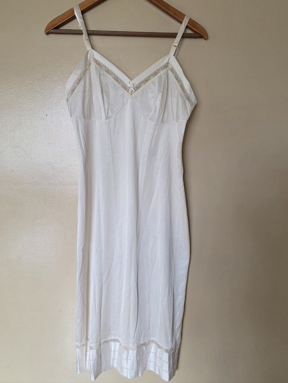 Vtg Lorraine 38 Tall USA Ivory Nylon Slip Dress Lace Trim Sheer Chemise Coquette